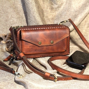 Carteira de mão transversal, bolsa transversal, bolsa pequena, bolsa de couro para telefone, bolsa feminina, bolsa de ombro de couro, carteira com zíper duplo,