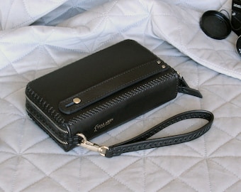 Genuine leather double zip around wallet, Double wallet,Leather wallet with wrist strap and zipper, Genuine Leather Wallet