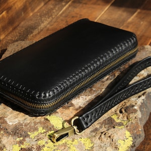 Cartera de embrague, cremallera de billetera larga de cuero genuino, embrague negro
