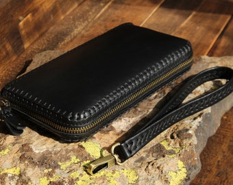 Clutch Wallet,Genuine Leather Long Wallet Zipper, Black Clutch