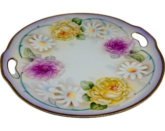 Plato de porcelana Prov Saxe ES Alemania con diseño floral y asas pintadas a mano, estilo vintage.