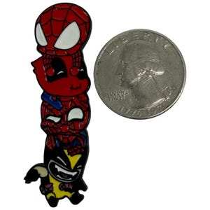 May include: A stacked enamel pin featuring four Marvel characters: Spider-Man, Deadpool, Spider-Man, and Wolverine. The pin is primarily red, black, and yellow, with white accents. A U.S. quarter is next to the pin for size comparison.