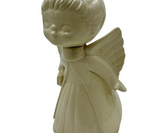 Figura vintage de ángel de cerámica color crema brillante, decoración navideña de mediados de siglo.