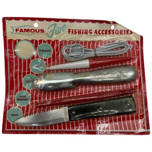 May include: A vintage package of "Famous Five Fishing Accessories" on a red and white striped background. The package includes a stringer, a float, a scale, a hook remover, and a knife. The knife has a black handle and a serrated blade.