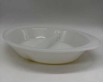 Glasbake J2352 Divided Oval Serving Dish White Milk Glass Vintage