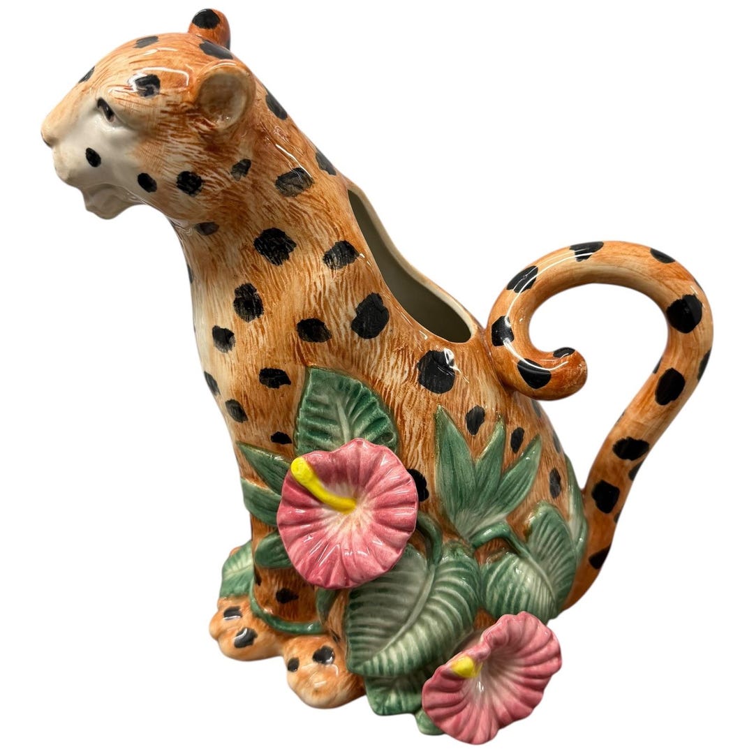 Vintage Ceramic Leopard Pitcher With Tropical Flowers Tropical Jungle ...