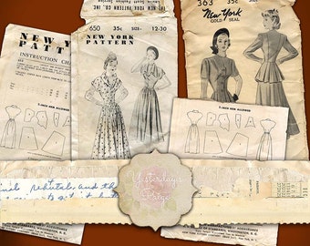 Couture vintage motif enveloppe imprimables et les fichiers PNG pour vos créations d’art mixte traditionnelle ou numérique. éphémères de mode des années 1940