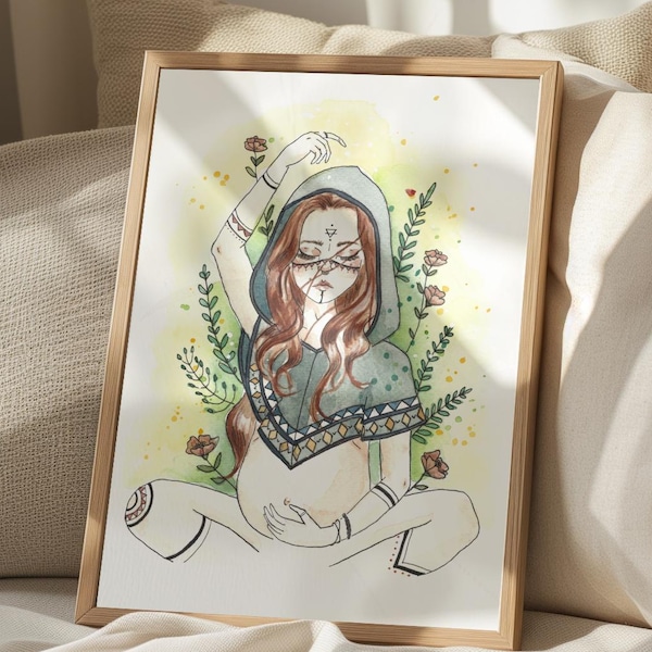 Póster de acuarela MADRE LOBA / doula, partera, arte, nacimiento, parto, femenino sagrado, naturaleza, bruja, instinto
