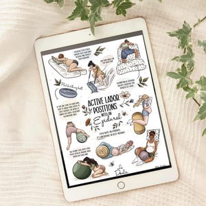 May include: A white tablet shows an illustrated guide to active labour positions with an epidural. The guide features various positions with accompanying text and illustrations, including the use of a birthing ball and flat birthing ball.