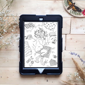 May include: Black and white illustration of a person sleeping in bed with a book, a cup of tea, and yarn. The illustration is on a digital tablet.