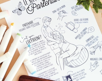 PAPER VERSION Partner support/motivation, positive, natural childbirth, doula, midwife, birth, illustration
