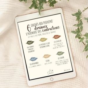 Puede incluir: Una tableta blanca muestra un gráfico en francés titulado "6 choses qui peuvent diminuer l'intensité des contractions". El gráfico incluye ilustraciones de hojas y texto, con el logotipo de La Doula en la parte inferior.