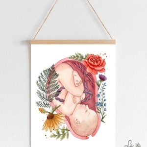 IN UTERO watercolor poster / doula, midwife, art, birth, childbirth, baby, placenta, flowers, uterus, nature, instinct, doctor