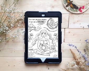 NUMÉRIQUE Femme en travail; illustration de naissance/ accouchement naturel, doula, coloriage, positions physiologiques, birth coloring,