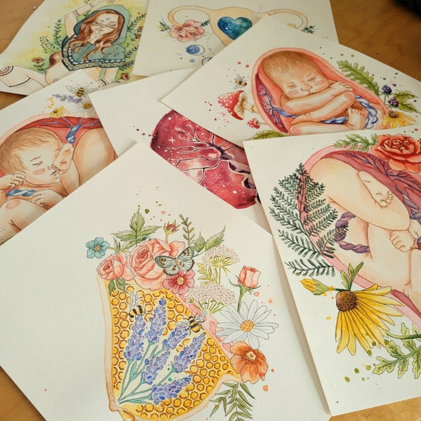 Sale of originals / Watercolor, baby, breastfeeding, uterus, childbirth, doula, midwife, birth
