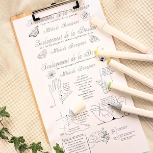 May include: A wooden clipboard holds a white sheet with handwritten text and illustrations. The sheet features diagrams of a hand, foot, and brain. Several white markers with coloured tips are scattered around. Green ivy adds a natural touch.