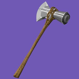 May include: A silver and gray battle axe with a wooden handle. The axe head has a curved blade and is connected to the handle with a woven, vine-like material. The handle is a light brown color.