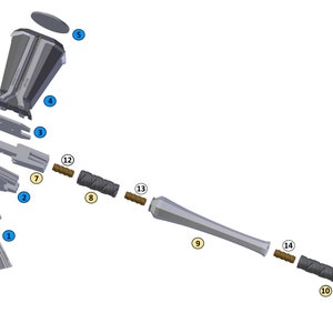 May include: An exploded diagram of a gray and silver axe, showing its various components. The axe head, handle, and connecting pieces are all separated, with each part labeled with a number. The design is futuristic and mechanical.
