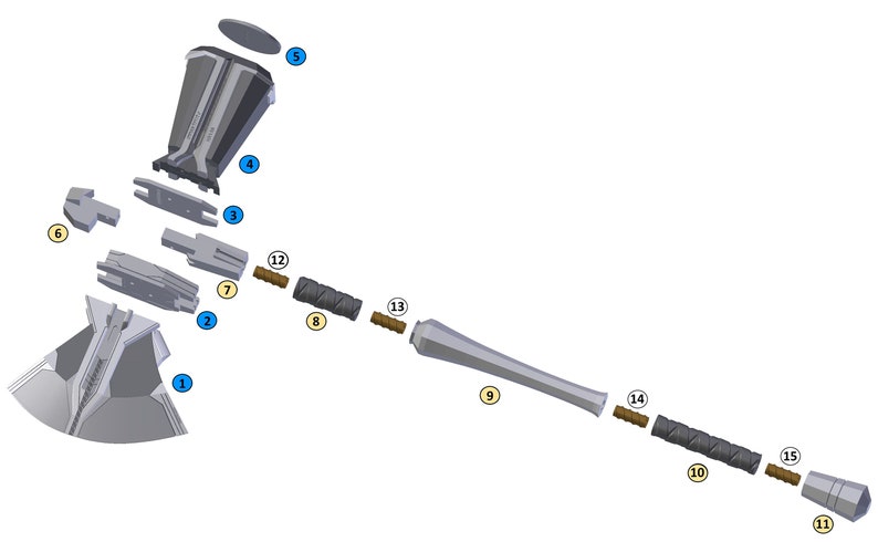 May include: An exploded diagram of a gray and silver axe, showing its various components. The axe head, handle, and connecting pieces are all separated, with each part labeled with a number. The design is futuristic and mechanical.