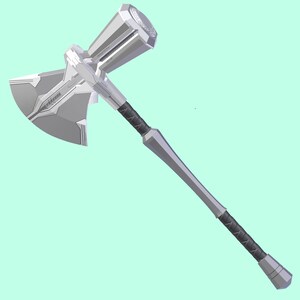 May include: A silver and black battle axe with a detailed design. The axe head has a curved blade and intricate patterns. The handle is wrapped in black material for grip. The overall design is futuristic and stylized.