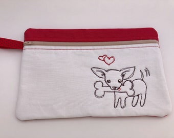 Sac de comprimé de chiot. Poche de chien brodée, sac de chien heureux, cadeau d'amoureux d'animal familier, broderie heureuse de chien, sac d'iPad, coeur et chien, fait à la main, amant de chien