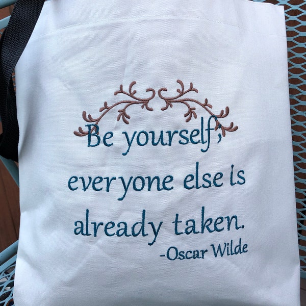 Oscar Wilde Quote. Funny Saying. Embroidered Tote Bag. Sarcastic Quote Bag. Shopping Tote. Literary Bag. Book Carrier. Student Gift.