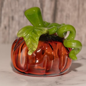 Glass Pumpkin #1 | Handblown OOAK Fall Sculpture | Autumn Home Decor | Halloween Decoration | Leaves & Green Vine Detail | Collectible Art
