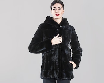 ゴージャスな本物のブラックミンク毛皮ロングコート（フード付き