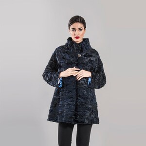 Dark Blue Swakara Fur Jacket | 7/8 SLEEVE, Persian lamb