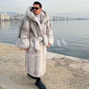 Men’s Luxury Scandinavian Saga Blue Fox Coat With Huge Hood & Fur Belt,Mens fur coat,fur jacket, real fur,anniversary gift