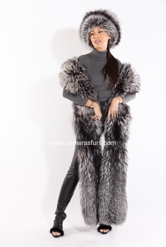 Huge Double Face Luxury Silver Fox Fur Boa Set With Hat,118inch300cmnatural  Color Fur Stola,real Fur Collar,saga Fur Scarf Fur Stole,etol -  Canada
