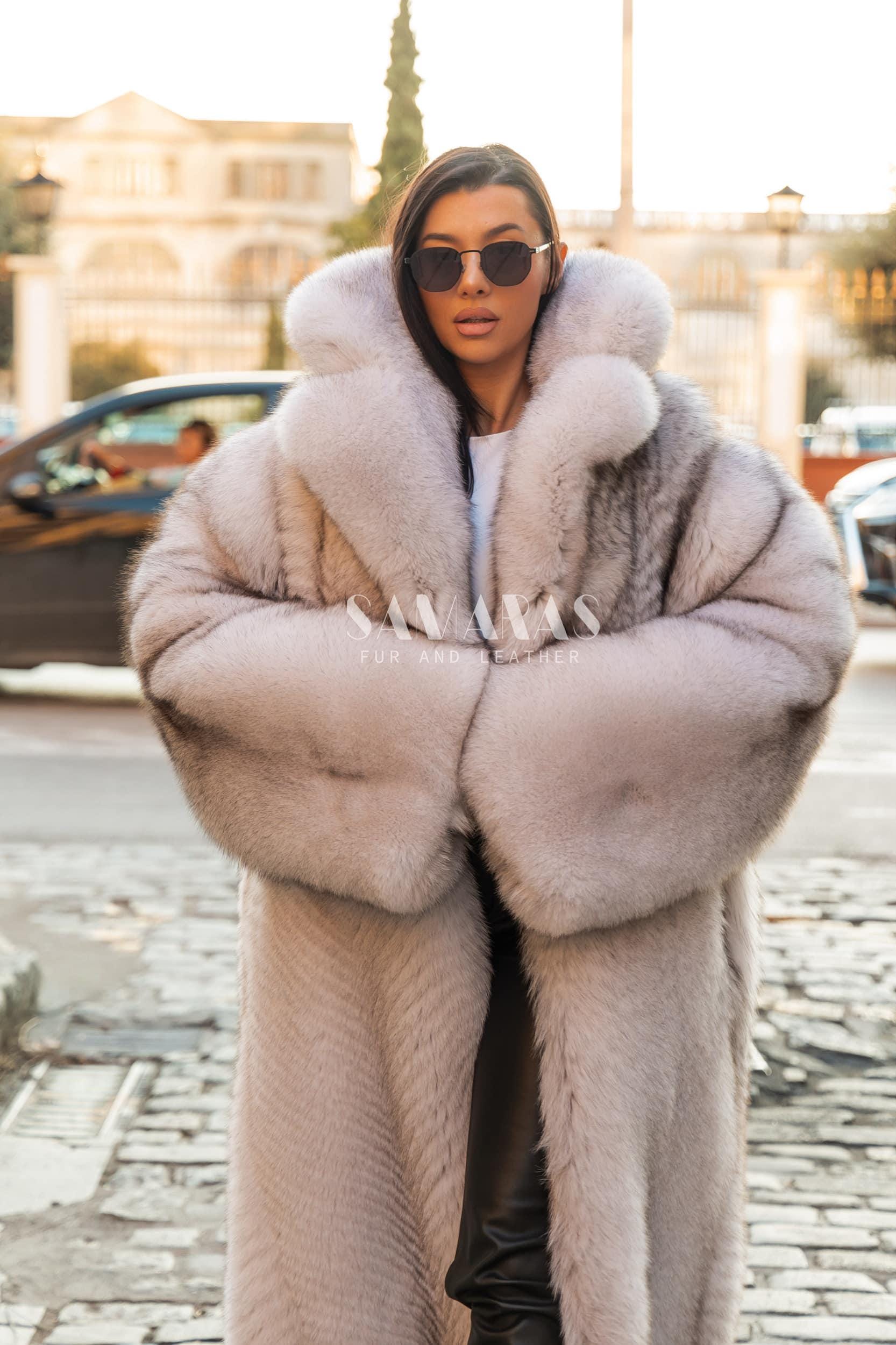 Luxury Double Sided Full Length Saga Blue Fox Fur Coat With Huge