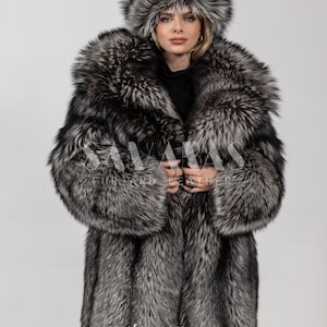 Luxury Silver Fox Jacket with huge lavish collar,jacket with Whole skins,fur jacket set with fox hat,real fox fur jacket, gift,Tailor made
