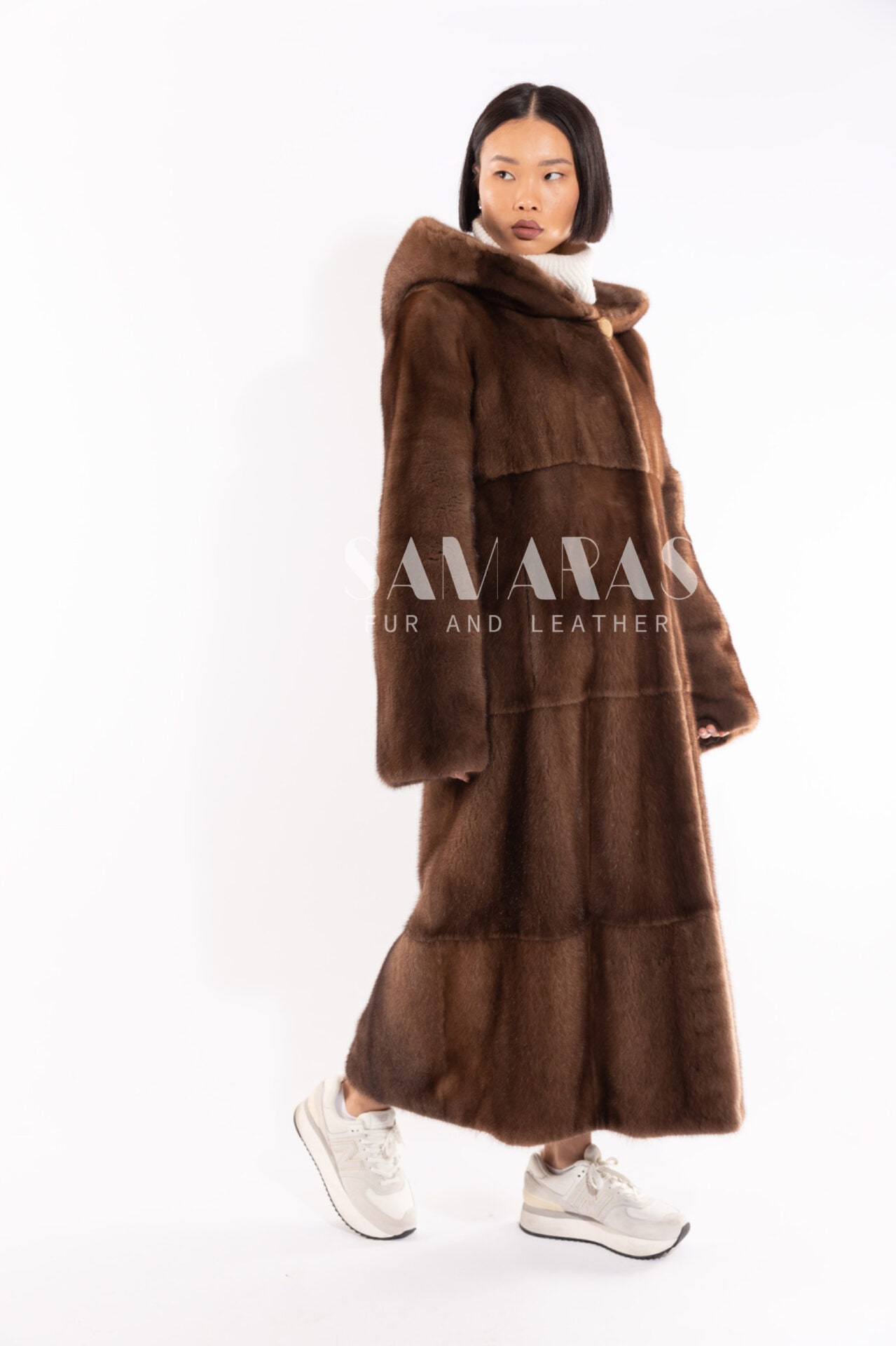 Real SCANDINAVIAN Brown Mink Fur Coat With Doubleside Hood,top