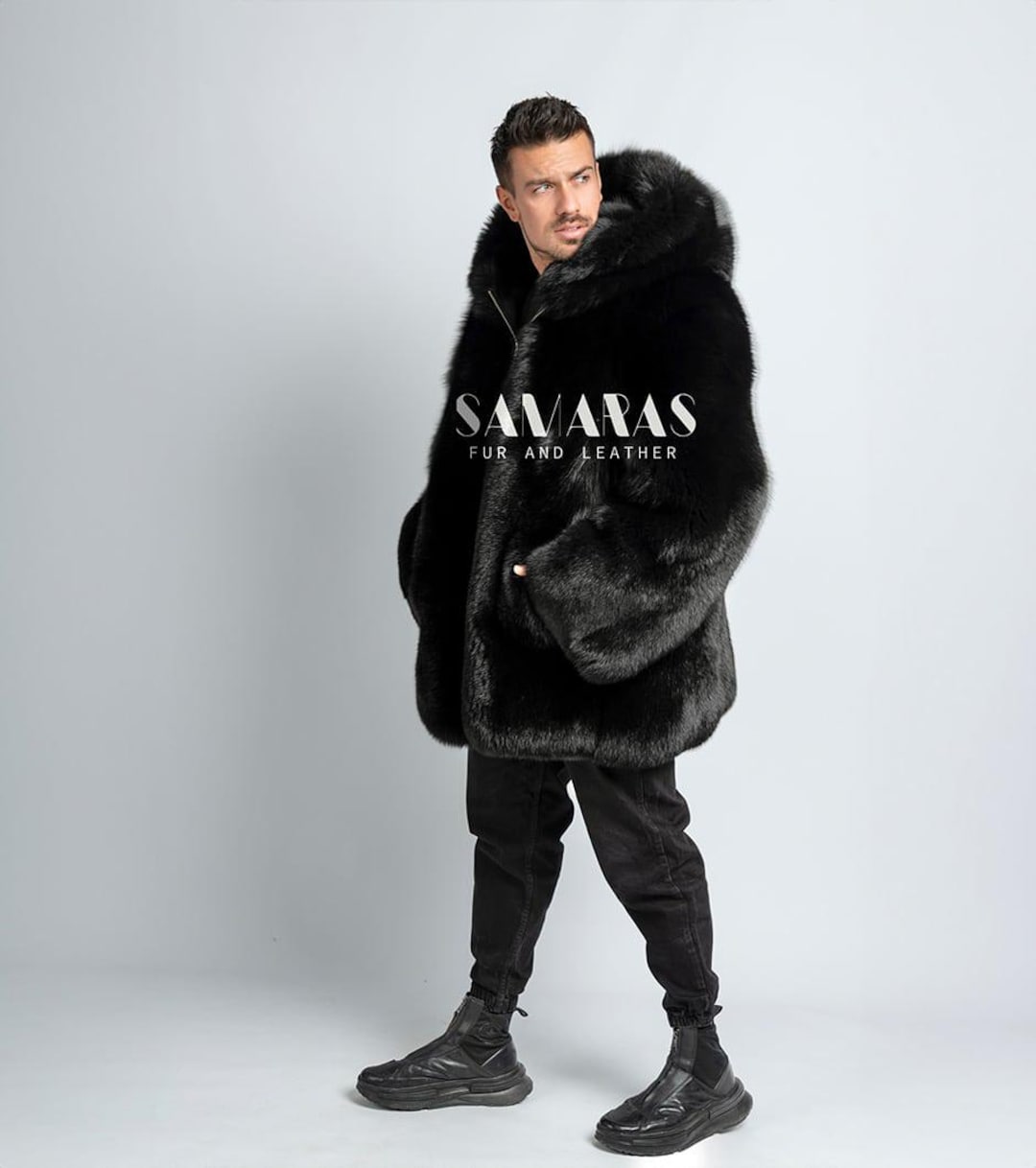 Buy Men's Saga Black Fox Fur Jacket With Double Sided Fur Hood