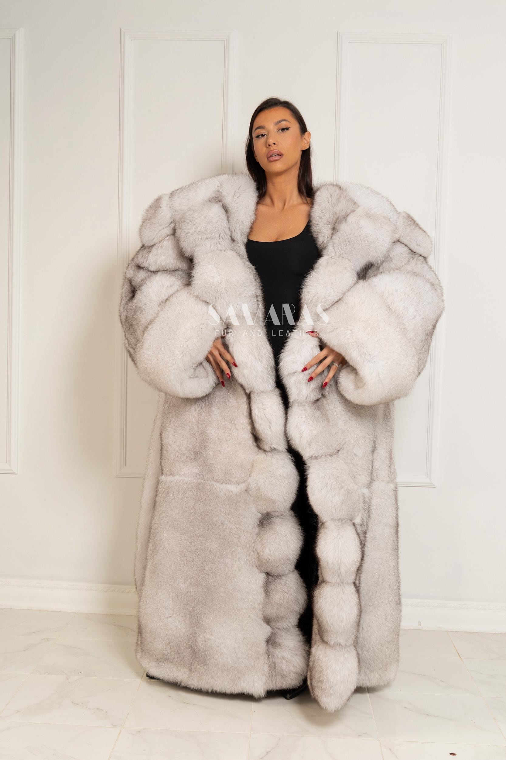 高級両面フルレングスブルーフォックスコート、ファーベルト付き