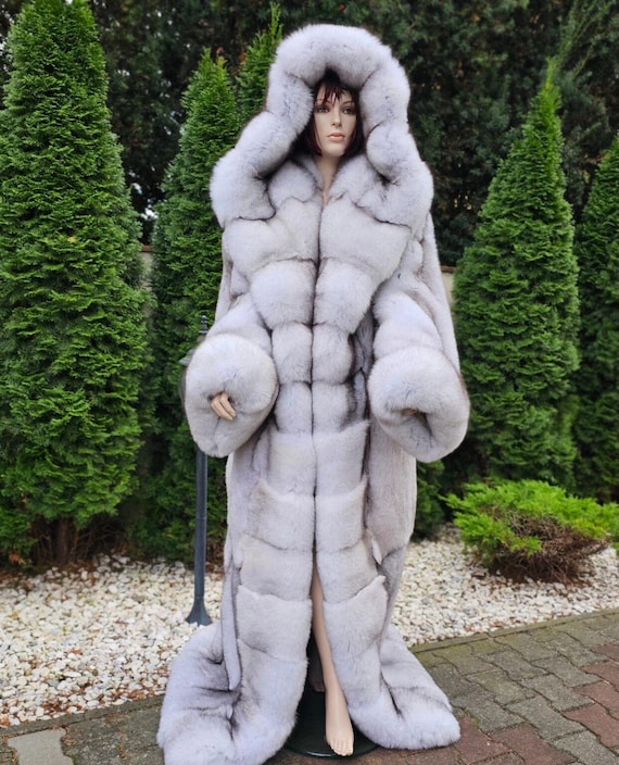 Luxury Blue Fox Fur Coat, White Rex Fur Lined, Huge Hood - Etsy