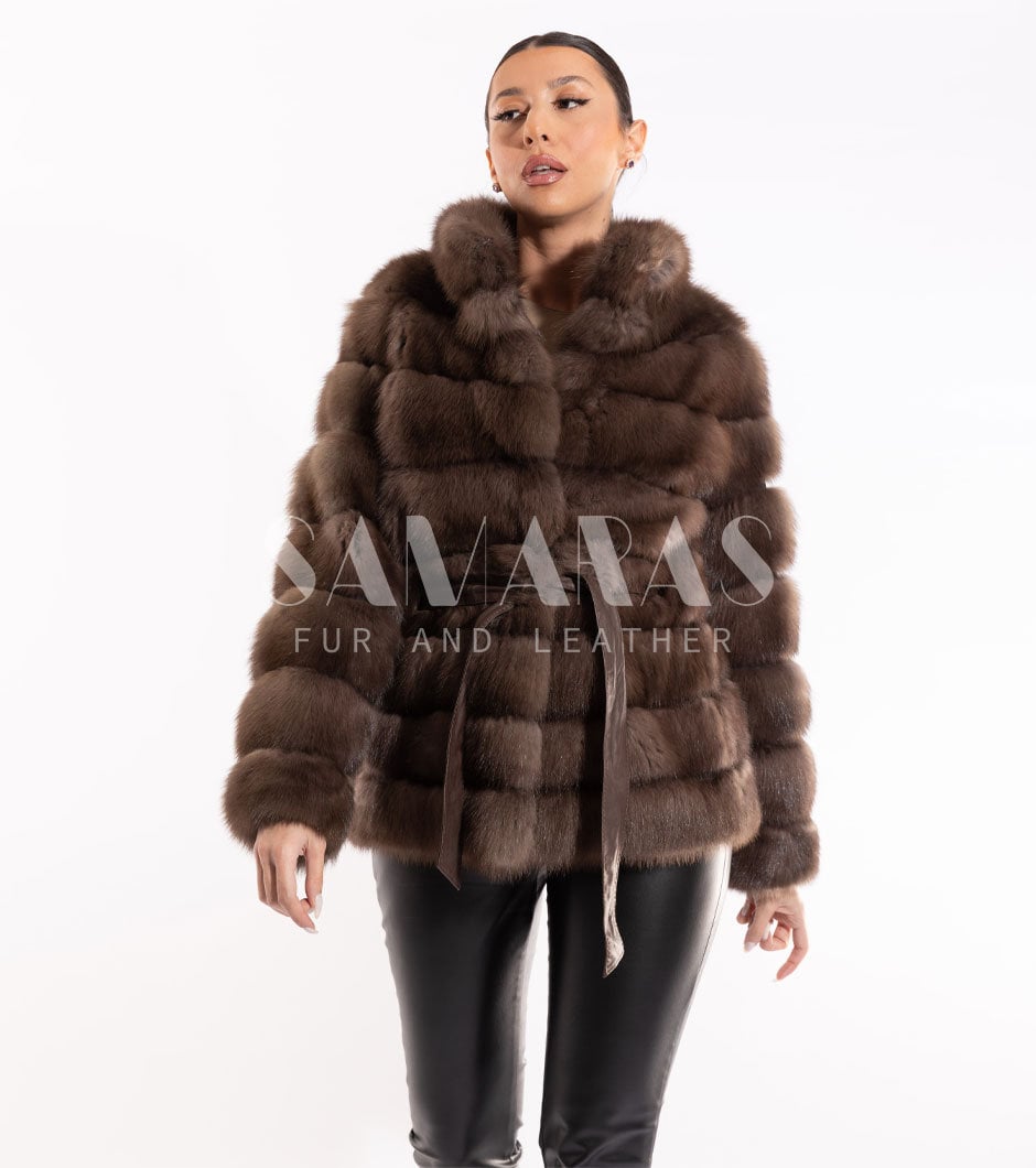 Real Russian SABLE FUR Jacket With Stand Collar,sable Jacket