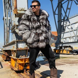 Luxury Men’s Scandinavian Silver Fox Fur Jacket With Collar,mens fur, fur coat,real fur,anniversary gift
