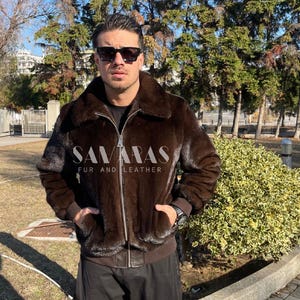 Luxury Scandinavian Men’s Mahogany Mink Fur Bomber Jacket With Collar,mens fur jacket, mens mink fur jacket, mink fur