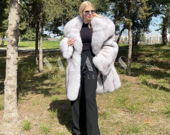 Luxury Blue Fox Jacket With Huge Lavish Collar,jacket With Whole