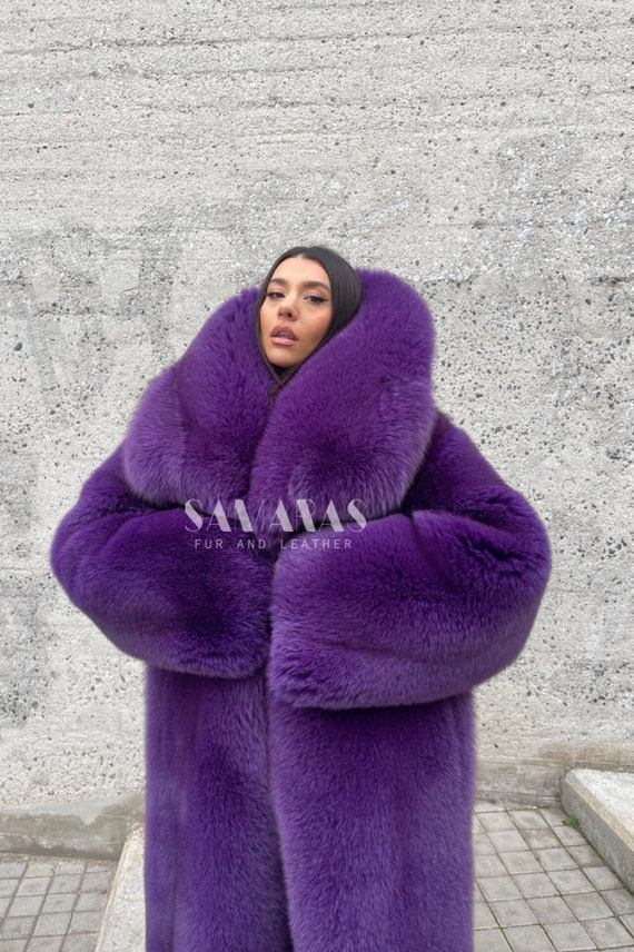 Full Skin Scandinavian Purple FOX Fur Coat With Lavish Huge Fur