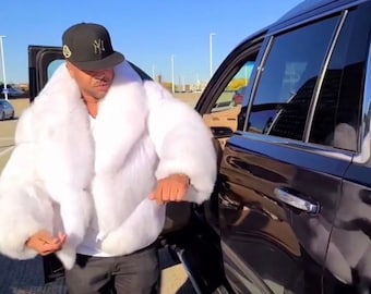 Mens white Fox  fur jacket, full skin fox with real white leather between