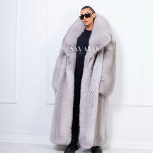 Luxury Rare Scandinavian Sapphire Blue Fox Full Length Fur Coat With Extra Lavish Huge Collar