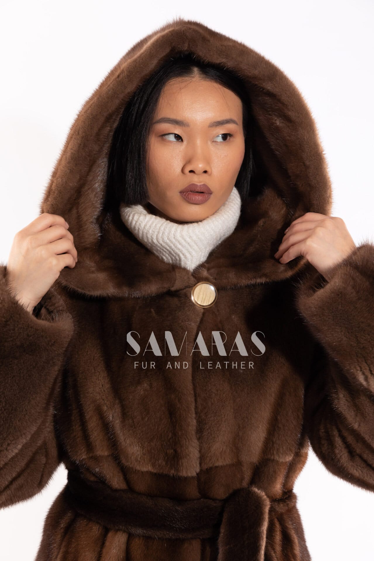Real SCANDINAVIAN Brown Mink Fur Coat With Doubleside Hood,top