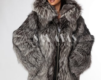 80cm Women Fashion Real Full Pelt Fox Fur Hood Coats Genuine Thick
