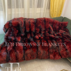 REAL SILVER FOX Dyed Red color fur throw,luxury velvet style lining,fur blanket,home decoration,fur rug,fur warmer,fur pillow,cushion,gift