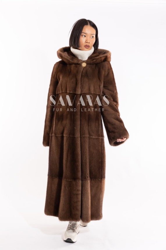 Real SCANDINAVIAN Brown Mink Fur Coat With Doubleside Hood,top