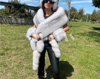 LUXURY FOX Fur BOA Set with fox hat and fox fur cuffs,full skin fox scarf with tails,fox hat,fox cape,fur cuff,hat,fur accessories,gift