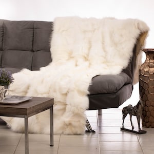 Real cream white fox fur throw, fur warmer, fur comforter, fur blanket